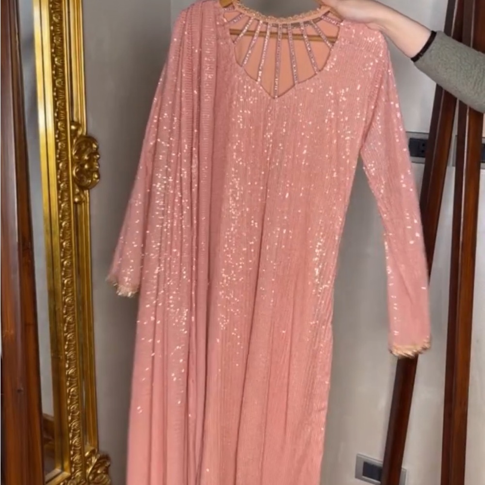 Pakistani/Indian Pink Long Sleeve Sequin Shirt with attached draped dupatta